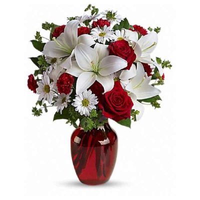 <div class="m-pdp-tabs-description">
<div id="mark-1" class="m-pdp-tabs-marketing-description">
<p> </p>
<hr />
<p>The spirit of love and romance is beautifully captured in this enchanting bouquet. It's the perfect gift for anyone you love.
</p></div>
</div>
<p>Red roses and carnations are exquisitely arranged with white asiatic lilies and chrysanthemums in a ruby red glass vase. It's lovely.</p>